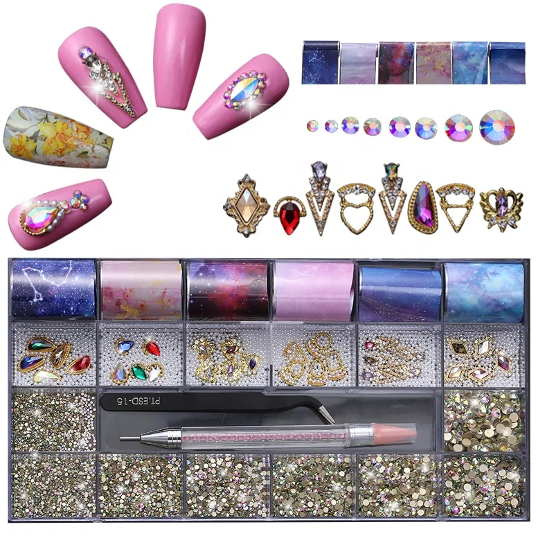 

Luxurious Zircon 3D Alloy Jewelry Box Gold Plating Nails Designer Nail Art Stickers With Star Transfer Foil Rhinestone