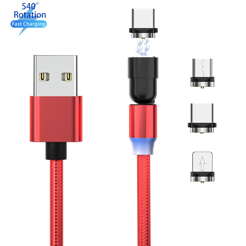 

micro usb tipo c 3in1 540 rotation Magnetic cable for iphone magnetico type c data cable magnet charging usb fast chage, Red/grey