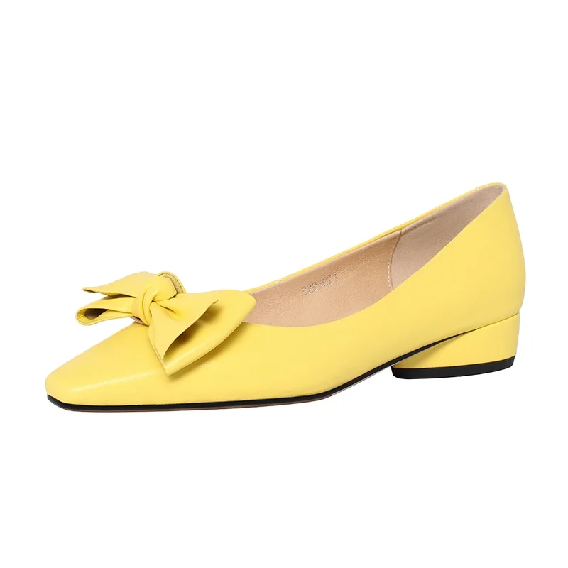 

Universe M055 Low Thick Heels Pointed Toe New Arrivals 2021Bright Candy Color Ladies Dress Shoes with Butterfly-knot Wome Pumps, Yellow/ivory/pink