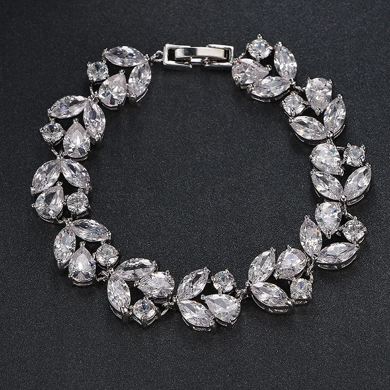 

Korean Luxury Women Wedding Fashion Jewelry Flower Leaf Cubic Zirconia Rose Gold Bangle Bracelet Couples