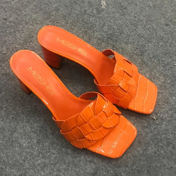 

Goxeou Fashion Women Mules High Heels Sandals Slippers for Women Square Toe Block Heel Shoes Crocodile Print Alligator Grain