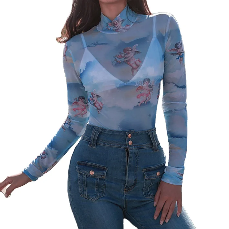 

Rompers Women Angel Printed See Through Sexy Long Sleeve Tight Bodysuits Long Sleeve Sky Blue Jumpsuit Women, Shown