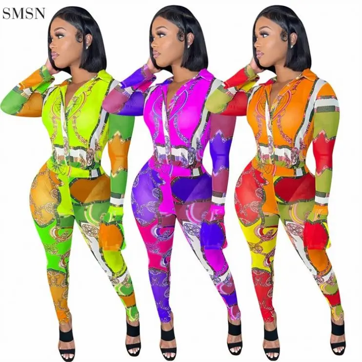 

New Arrival Printing Flare Sleeve Button Sexy Mesh One Piece Jumpsuit 2021 Woman Bodycon Jumpsuits