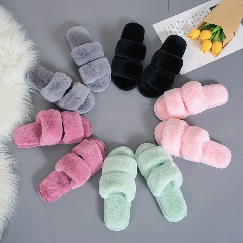

Luxury Fashion Women Faux Fur Slide Vegan Slippers, Open Toe Fluffy House Indoor Slides Women Winter Slippers, Picture