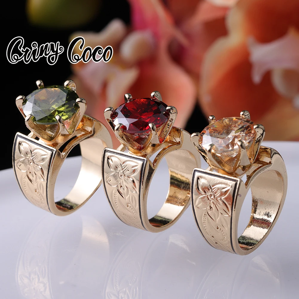 Cring CoCo Crystal Gold Plated Zircon rings Green Red Black Jewelry Polynesian Rings Hawaiian jewelry wholesale, Gold color