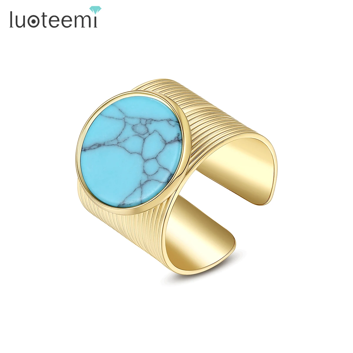 

LUOTEEMI Luxury Statement Big Round Designed Fashion Stone Matching Woman Geometric Large Turquoise Fancy Ring