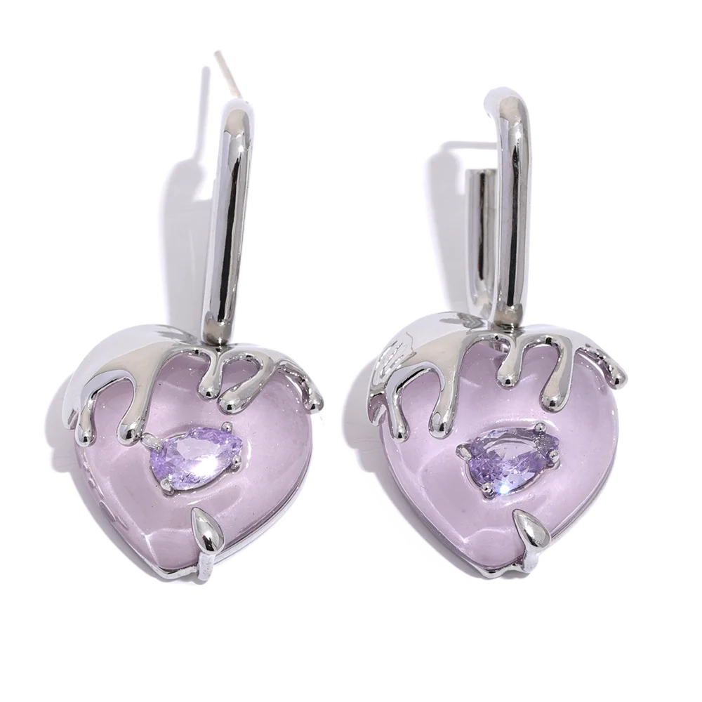 JINYOU KE002EN Copper Silver Color Creative Heart Drop Earrings Jewelry Purple Resin Cubic Zirconia Daily Bijoux for Women