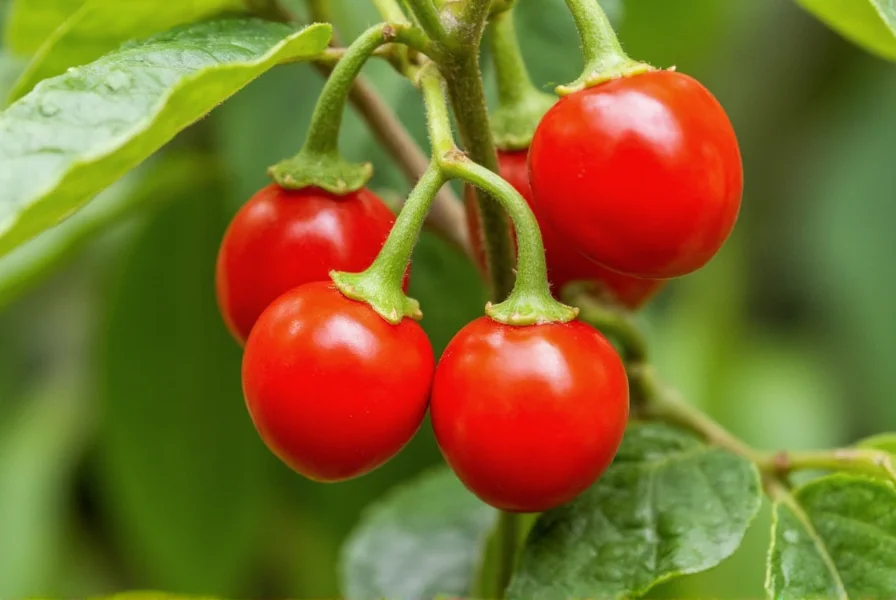 Ripe red Apple Drop peppers on plant showing smooth apple-like shape and green stems