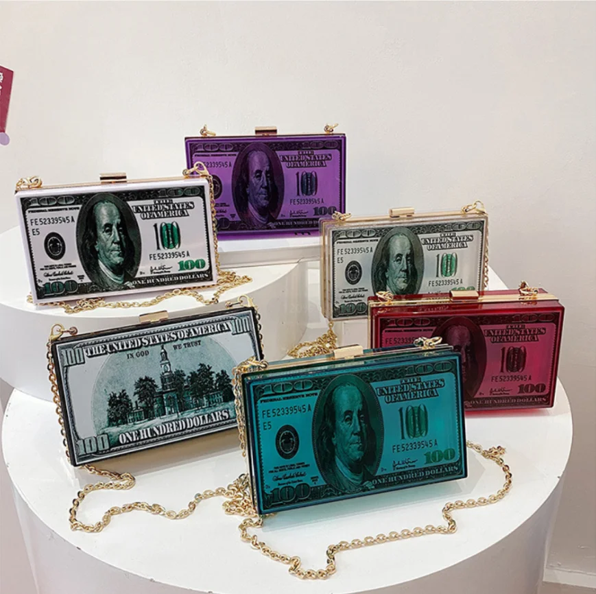 

2021 New USD Dollar Money Purse Casual Acrylic Box Evening Bag Clutch Purse For Women, 6 colors