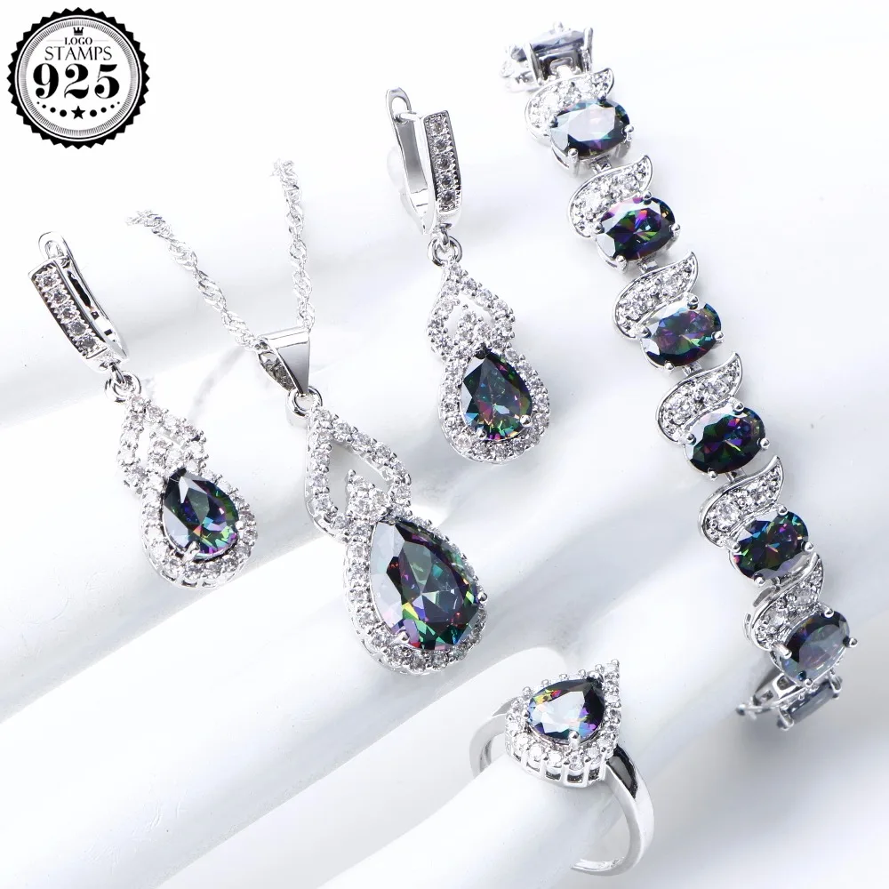 

Natural Rainbow Dubai Jewelry Sets Silver Wedding Earrings For Women Stones Bracelet Necklace Rings Set