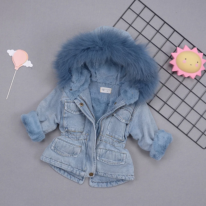 

New Toddler Coat Jacket Kids Baby Girls Hooded Faux Fur Fleece Warm Thick Denim Coat Outwear babi clothes, Picture shows