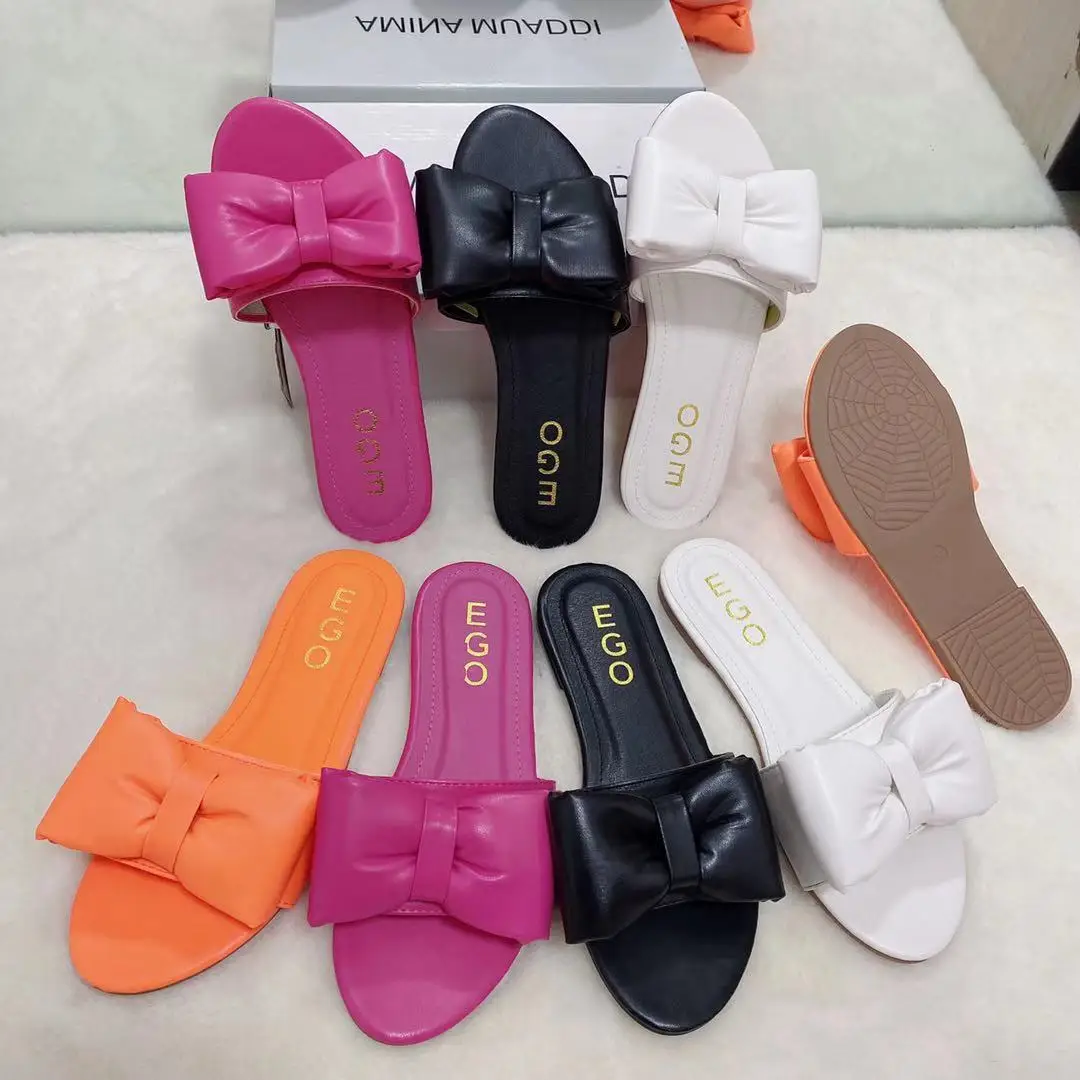 

LX-022 2021 fashion boutique plain big bow ties PU leather slipper for women summer beach sandals wholesale, Picture show ,