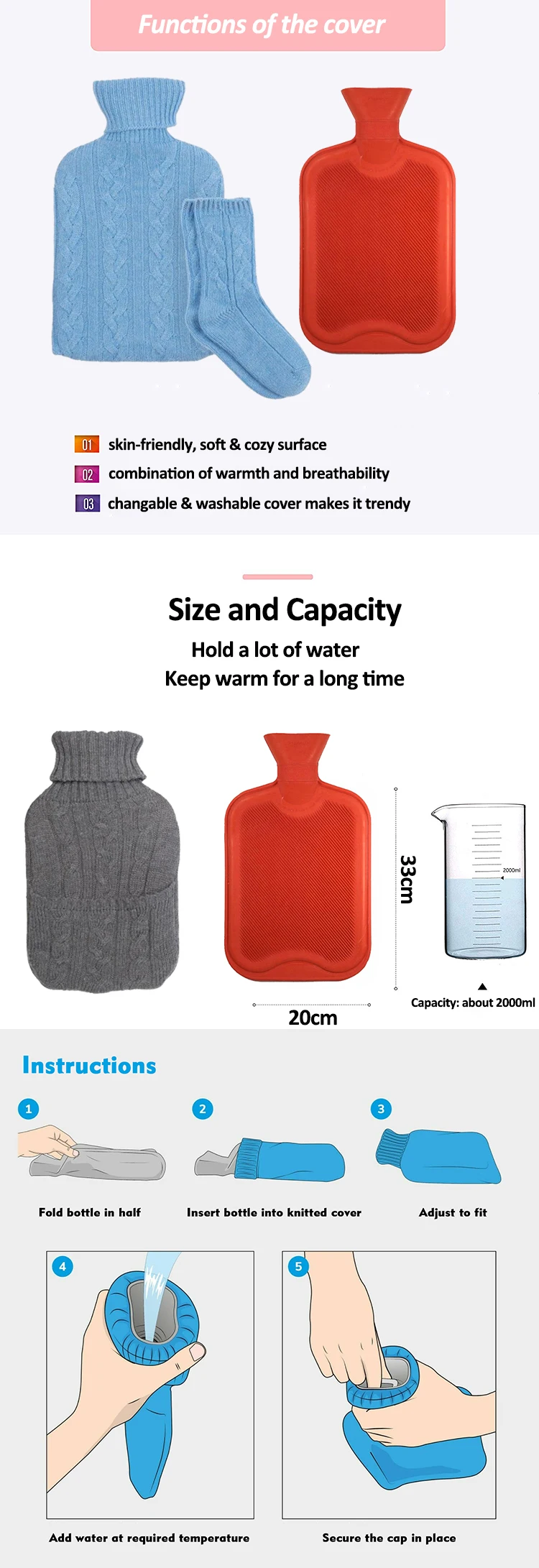 festival gift 2 liter rubber hot water bag knit cover hot water bottle socks