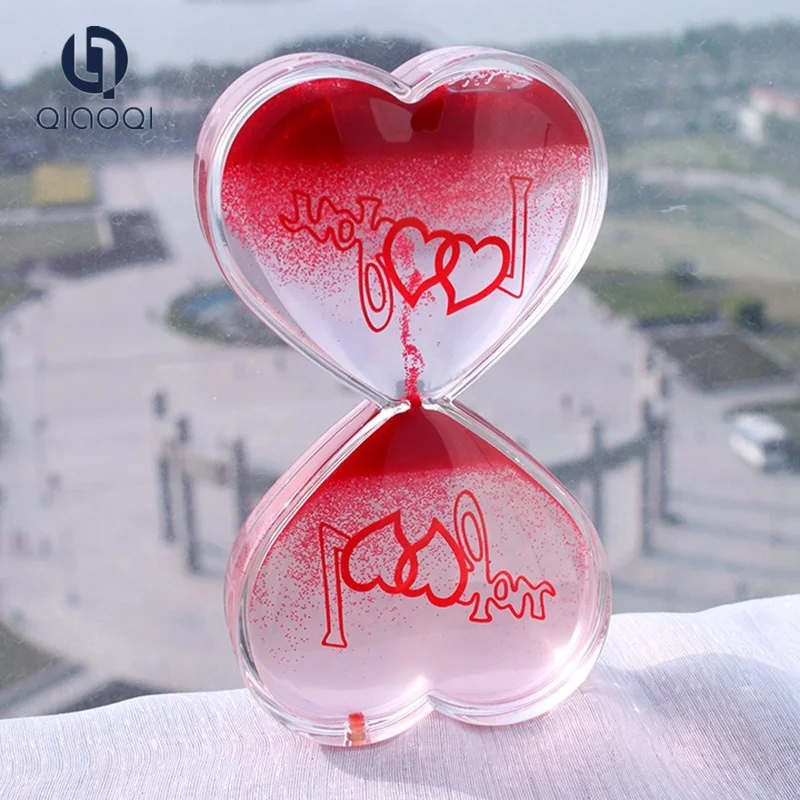 

Custom Heart shape Acrylic floating colorful oil and water toys liquid hourglass sand timer, Colors can be customize