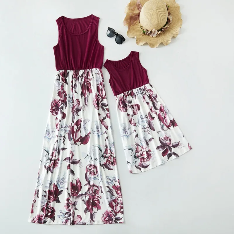 

Floral printed patchwork long maxi dress for mom and me sleeveless o-neck clothing dress, As pictures