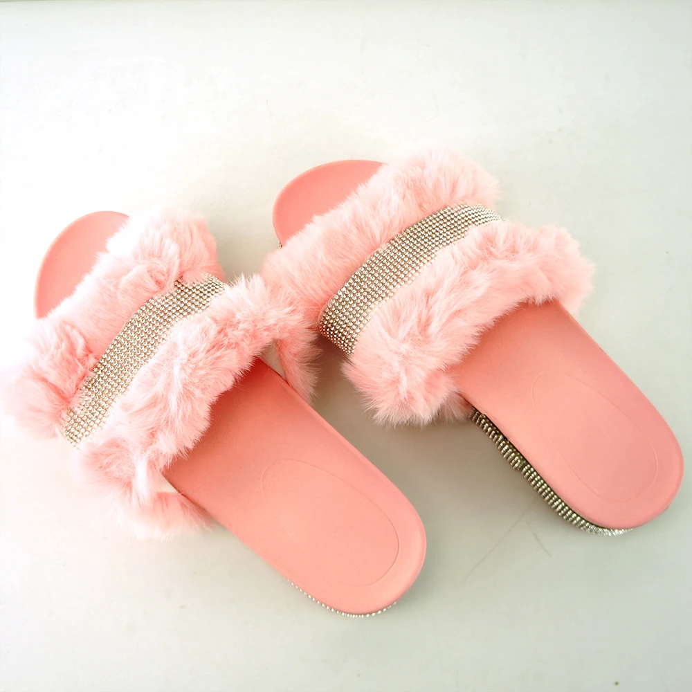 

2021 new design arrival good quality fake fox fur shoes slides for woman / lady all ready to ship, Pink, white ,black