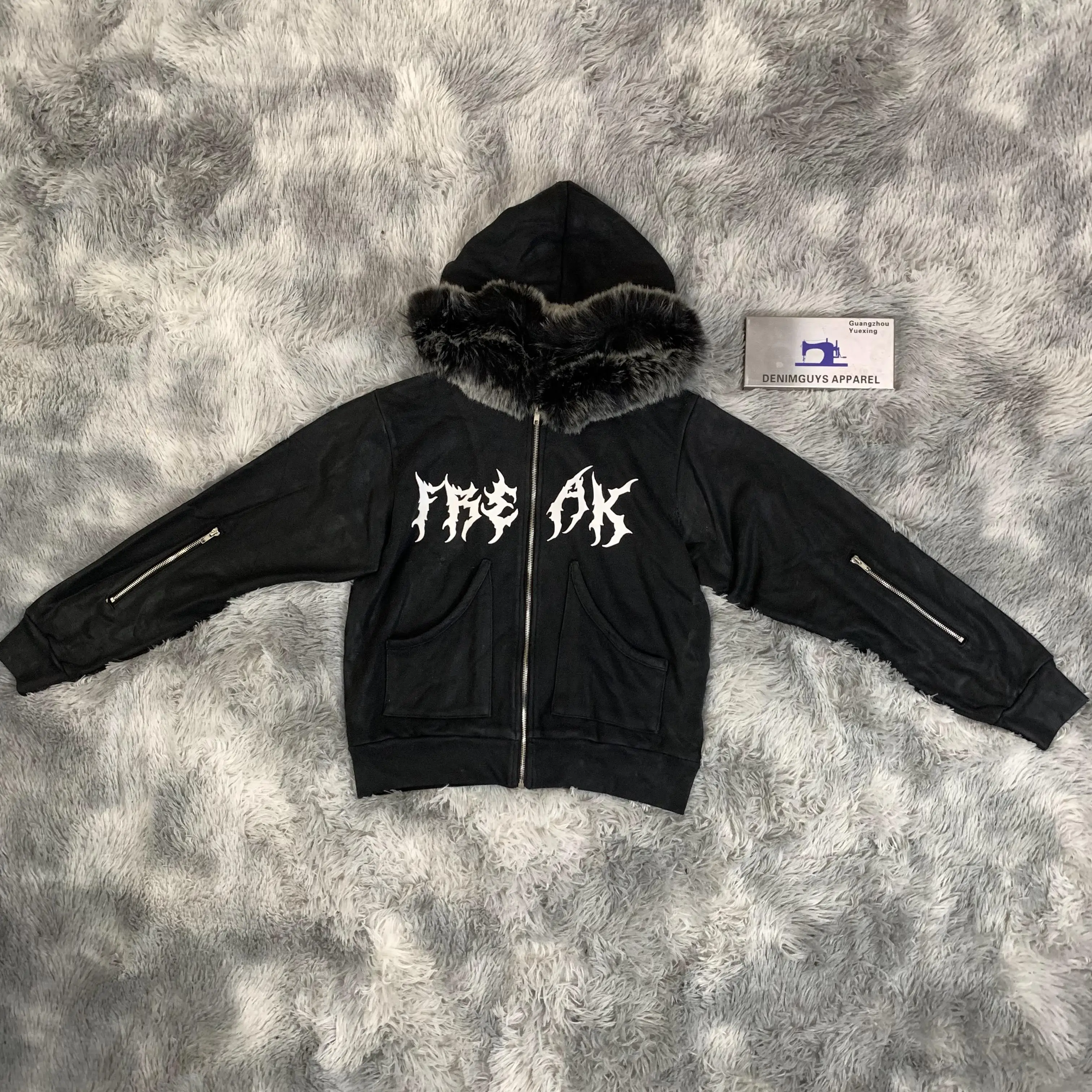 DENIMGUYS Custom Logo Print Waxed Hoodies for Men Y2k American Long Sleeve Fur Hooded Black Streetwear Wax Hoodie