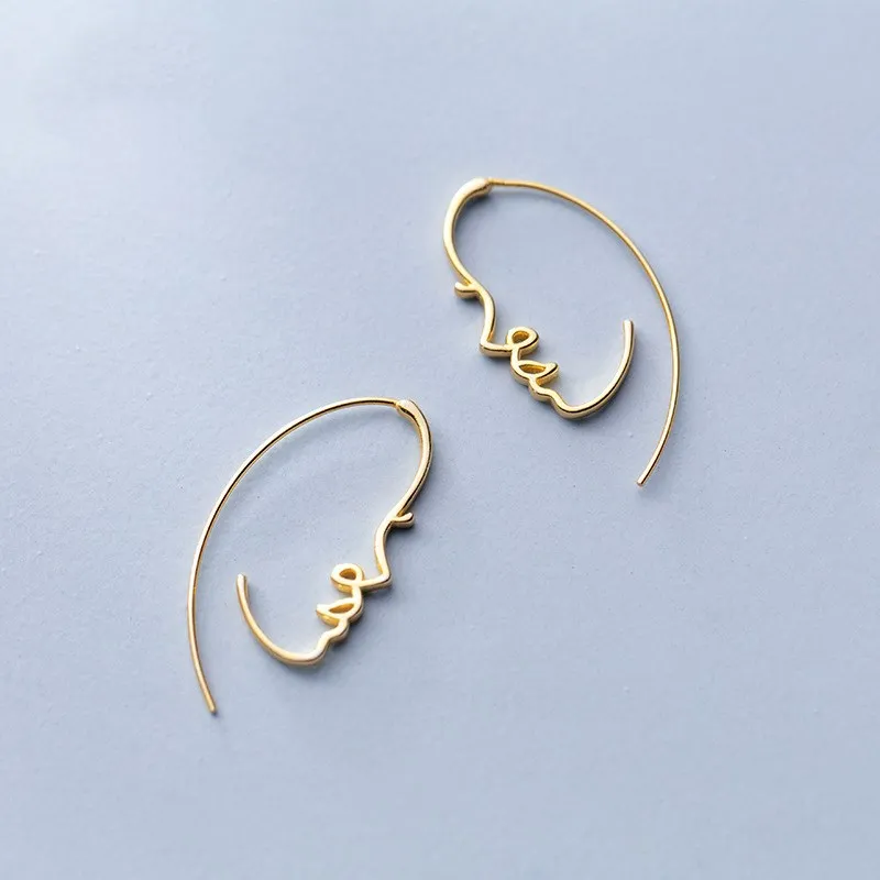 

925 Sterling Silver Big Female Face Shape Earings Gold Color Plated Statement Hanging Dangle Drop Earrings for Women