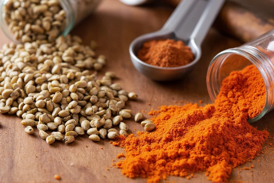 Close-up of coriander seeds and smoked paprika in spice jars next to measuring spoons