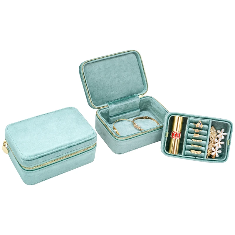 

Low Moq Luxury Velvet Jewelry Case Custom Logo Zipper Portable Jewellery Storage Box With Tray, Green/beige/light blue/dirty pink/light green/light pink black