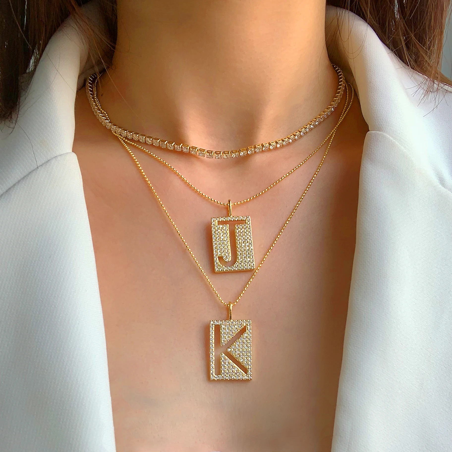 

Mother Day Gift 18K Gold Plated Copper Micro Pave Zircon Letter Charms Initial A-Z Alphabet Pendant Necklace