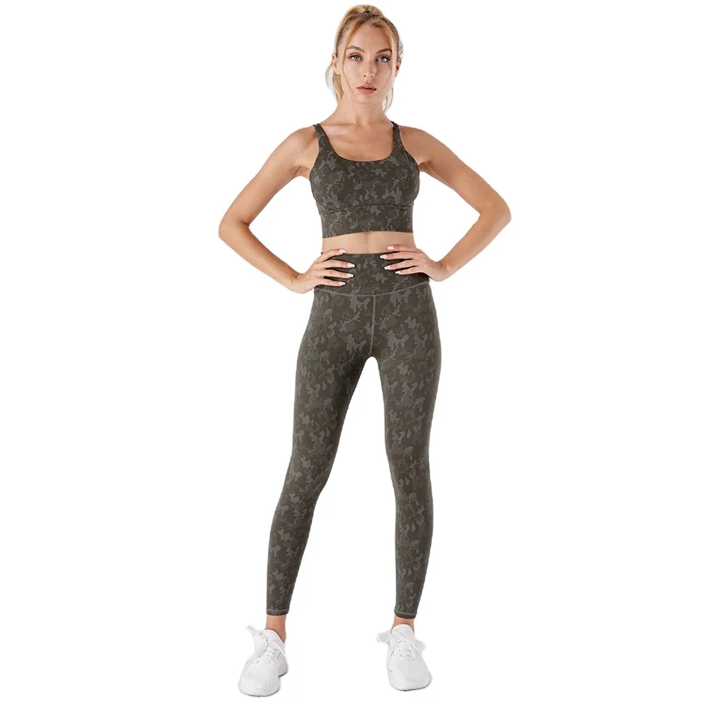 

Hot sell high quality quick - dry camo high waist tight yoga suit women fitness & yoga wear set
