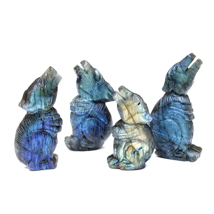 

Hand Carved 2.5inch Natural High Grade Strong Flash Labradorite Crystal Animal Carving Wolf Figurines For Home Decoration