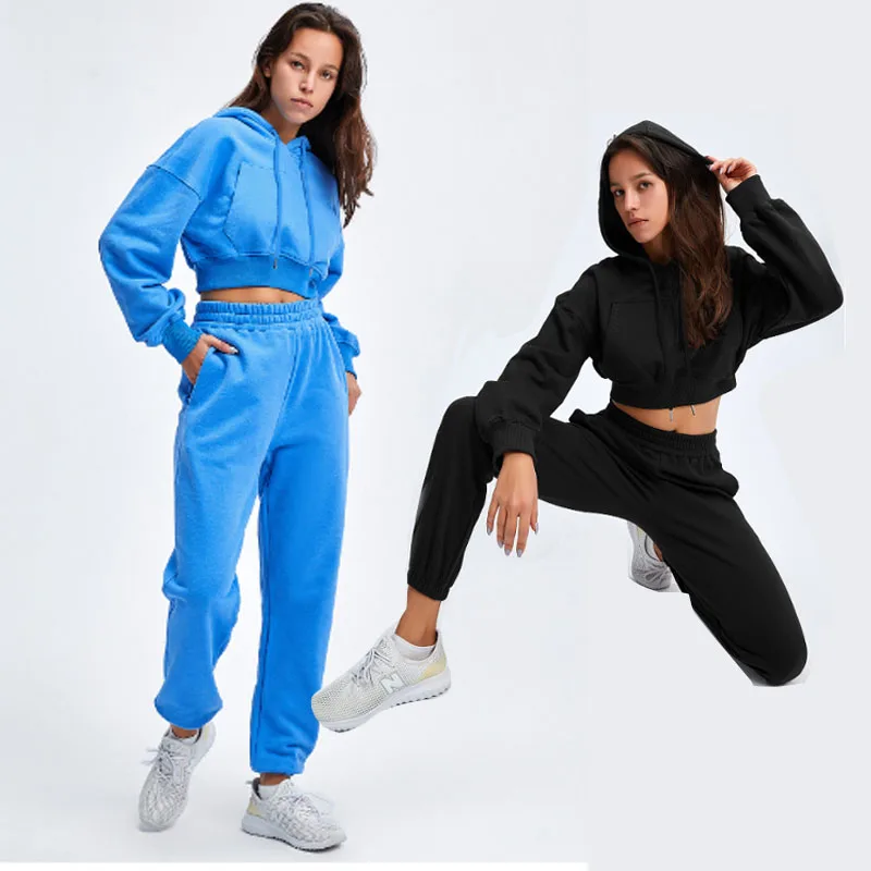 

Leisure style crop top with hoodies joggers 2 piece set tracksuits for women