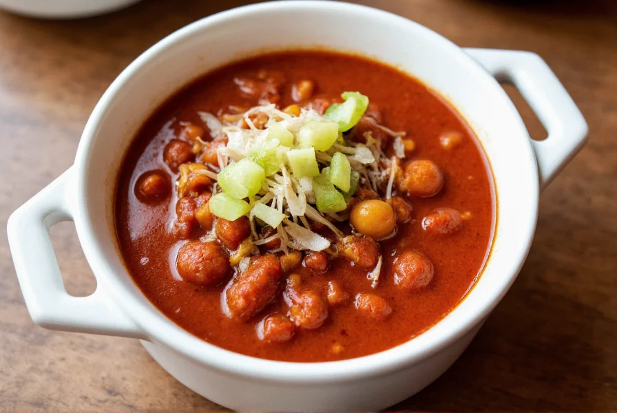 Finished bowl of rich red chili with toppings in white ceramic bowl
