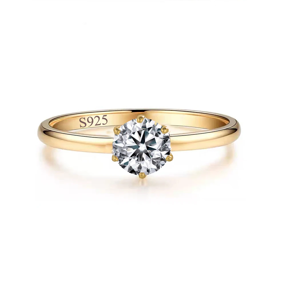 Brilliant Round Cut 6.5mm Cubic Zirconia S925 Sterling Silver Wedding Bridal Ring for Women Gold Plated Jewelry
