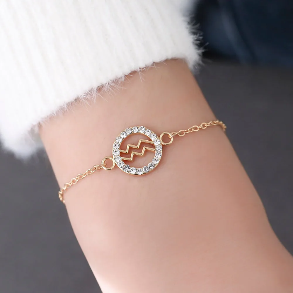 

Chinese wholesale alloy horoscope bling diamond cubic zircon astrology women sign zodiac bracelet, Gold