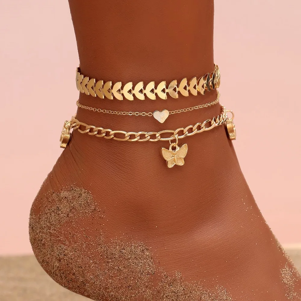 

2022 Hot Sale Summer Gold Plated Multilayer Anklet Pendant Heart Anklet Bohemia Beach Butterfly for Women