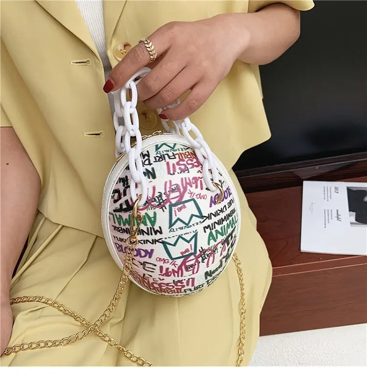 

women graffiti handbag personality round crossbody shoulder bags basketball purses 2021
