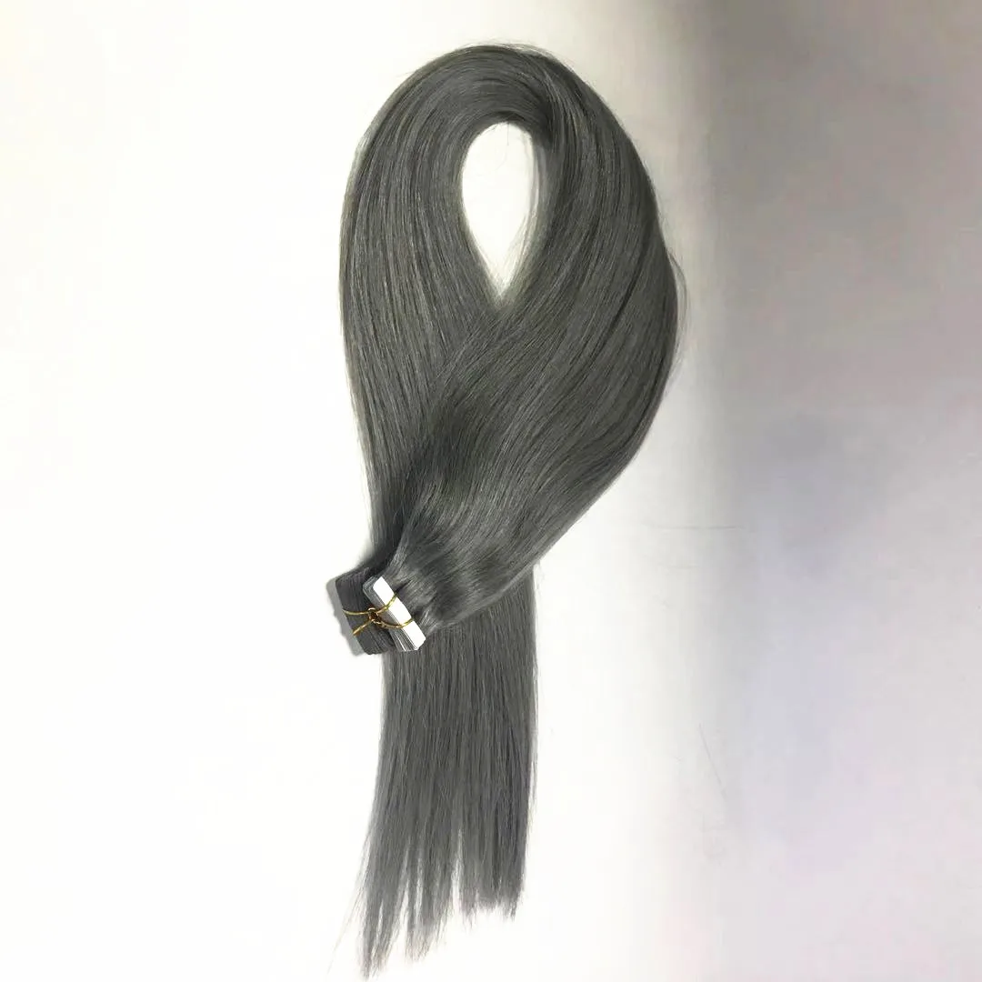 

silver dark grey tape on hair extension double drawn 30 inch long hair remy hair