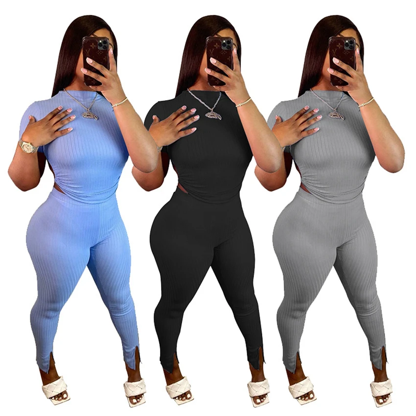 

Wholesale 2021 New Design 2 Piece Women Outfits Sexy Backless Halter Drawstring Pleated Solid Strip Split Casual two piece set, Custom choose