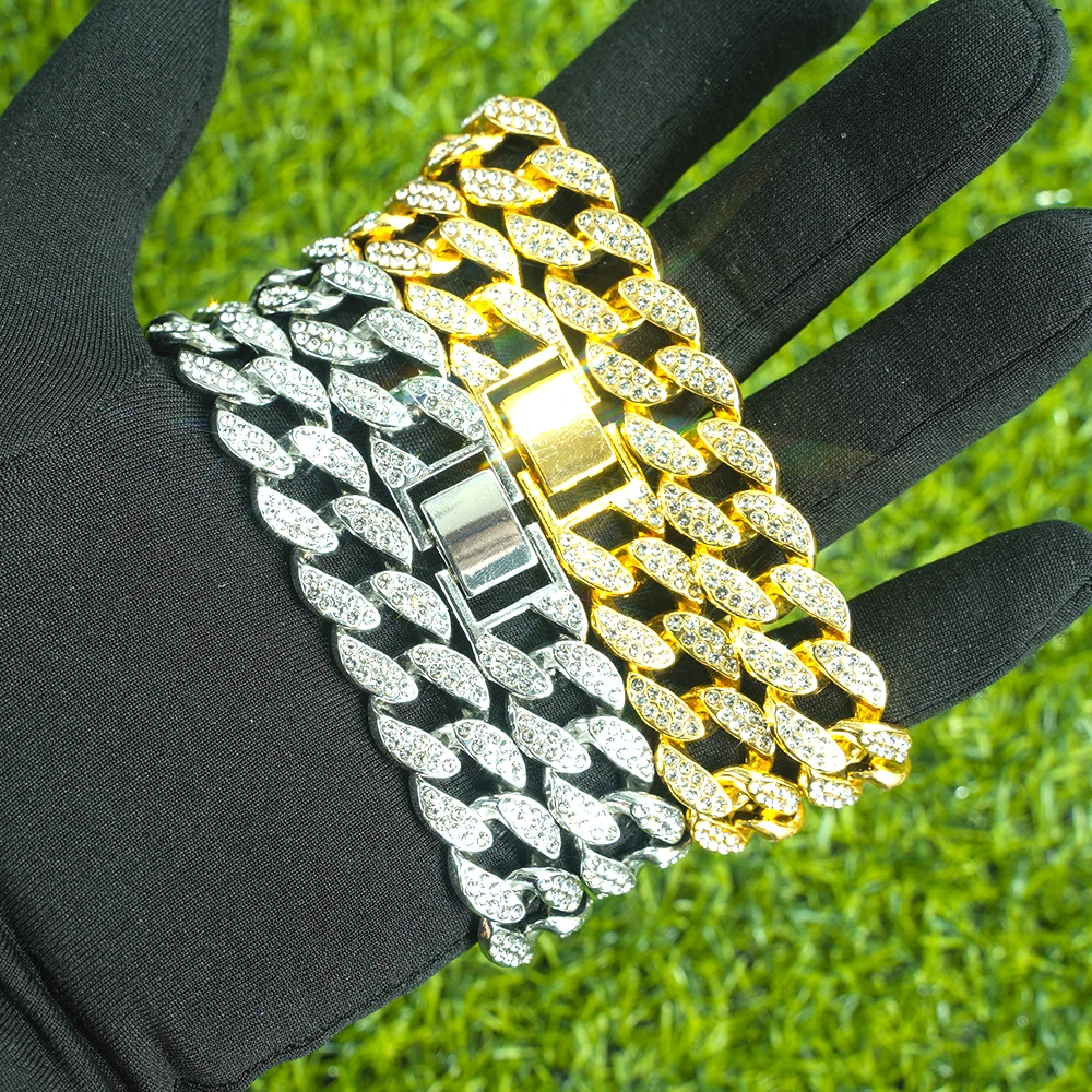 

15mm 18k Gold Iced Out Bracelet Rhinestone Zinc Alloy Iced Cuban Link Chains Wholesale Hip Hop Jewelry