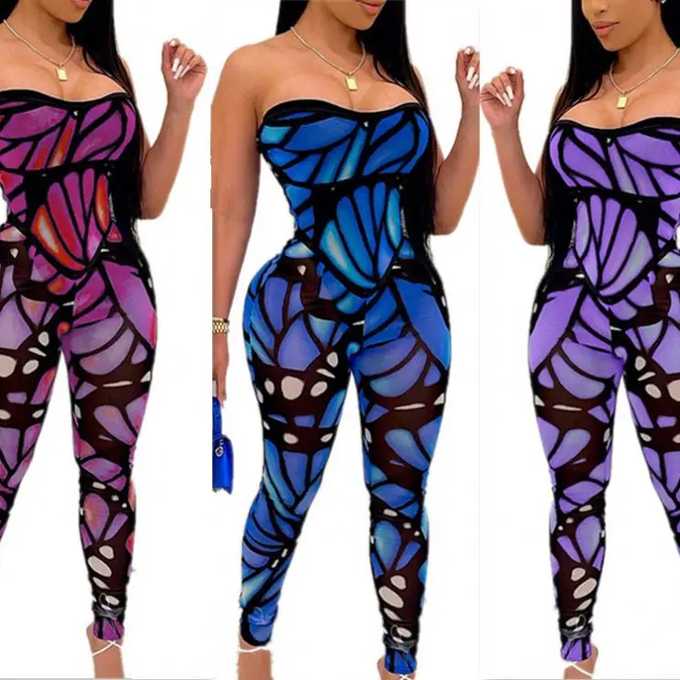 

Wholesale Women Summer Print Strapless Sexy Bodycon Jumpsuit