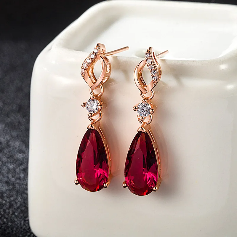

Jewelry Ruby Rubellite Gemstone Drop Earring for Women Red Jade Aretes De Mujer 18K Hypoallergenic Earrings Gold Plated Alloy