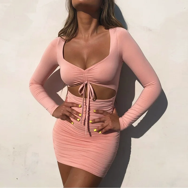 

Wholesaler Spring Bodycon Dress Party Full Sleeve Hollow-Out Plain Women Mini High Waist Stretch Sexy Pink Ruched Dress