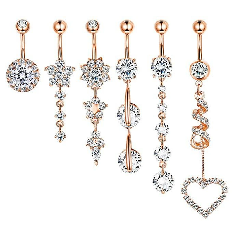

6pcs/set Stainless Steel Zircon Diamond Belly Button Ring Crystal Belly Button Nail Piercing Body Chain Sexy Jewelry Sets, Picture