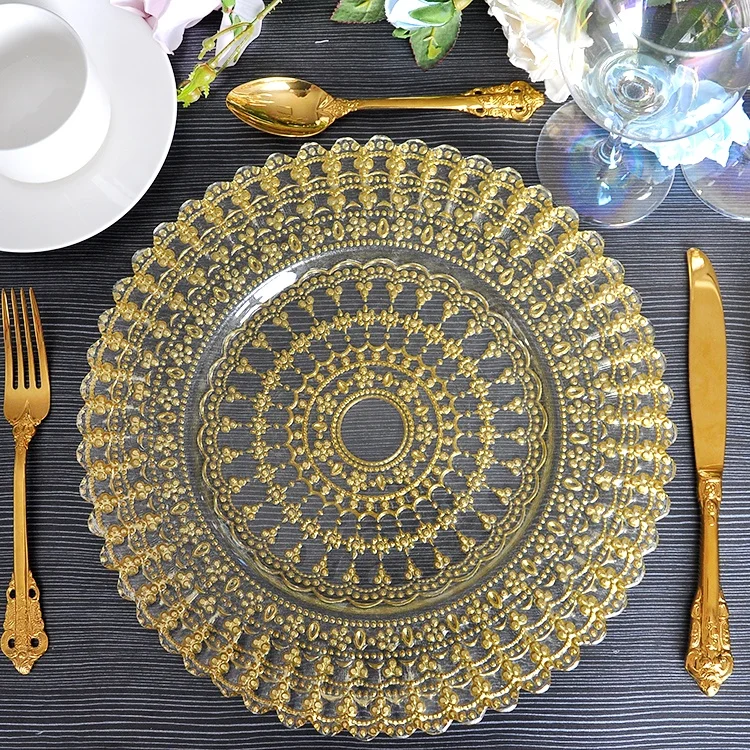 

Custom Restaurant Decoration Embossed Gold Glass Plates And Dishes Charger Plates