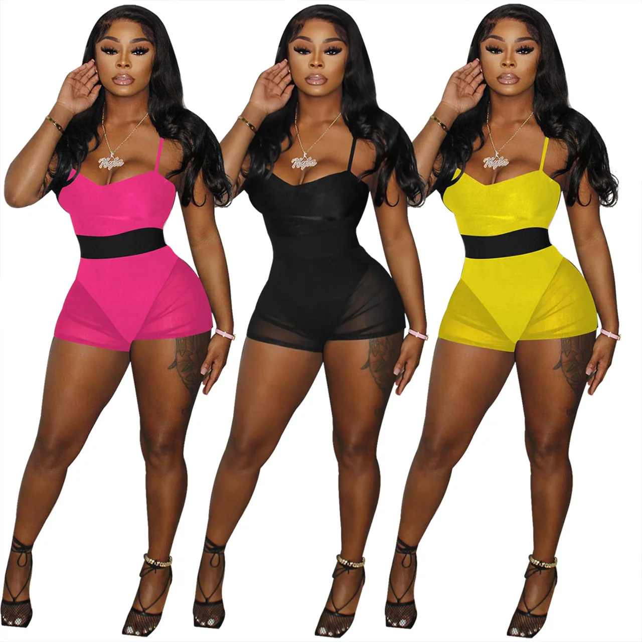 

Free Sample High Quantity Amazon'S New Hot Sell Suspenders One-Piece Sexy Jumpsuit Top + Mesh Shorts Two Piece Pants Sets, Customized color