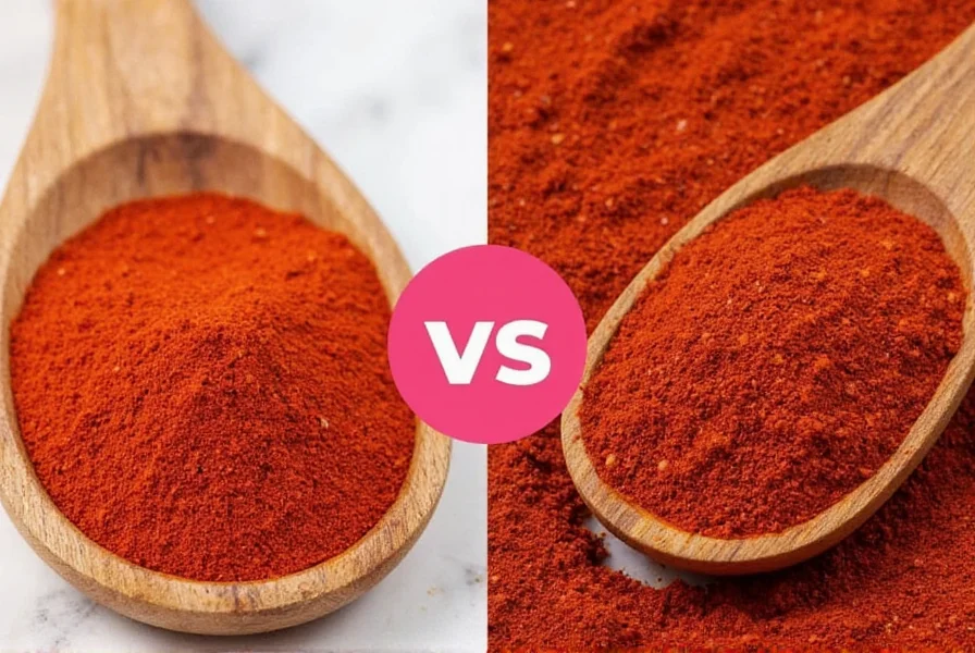 Close-up comparison of crushed red pepper flakes next to cayenne powder showing texture differences