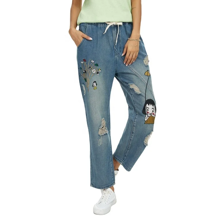 

Cheap Price Mid Waist Distressed Embroidery Jeans Pants Wholesale Denim Jeans For Women, Blue