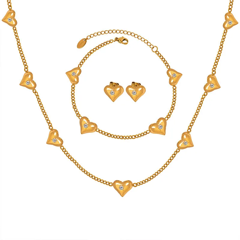 Women Fashion 18k Gold Plated Stainless Steel Zirconia Zircon Heart Charm Link Necklace Bracelet Earrings Jewelry Sets for Women