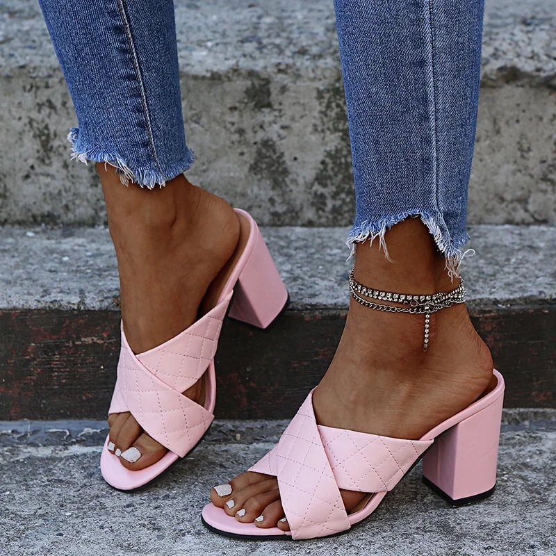 

Open Toe Block Mid Heel Mules for Ladies Cross Band Faux Leather Summer Women Sandals Shoes Solid Pink Slip On Slides Shoes, White,black,pink