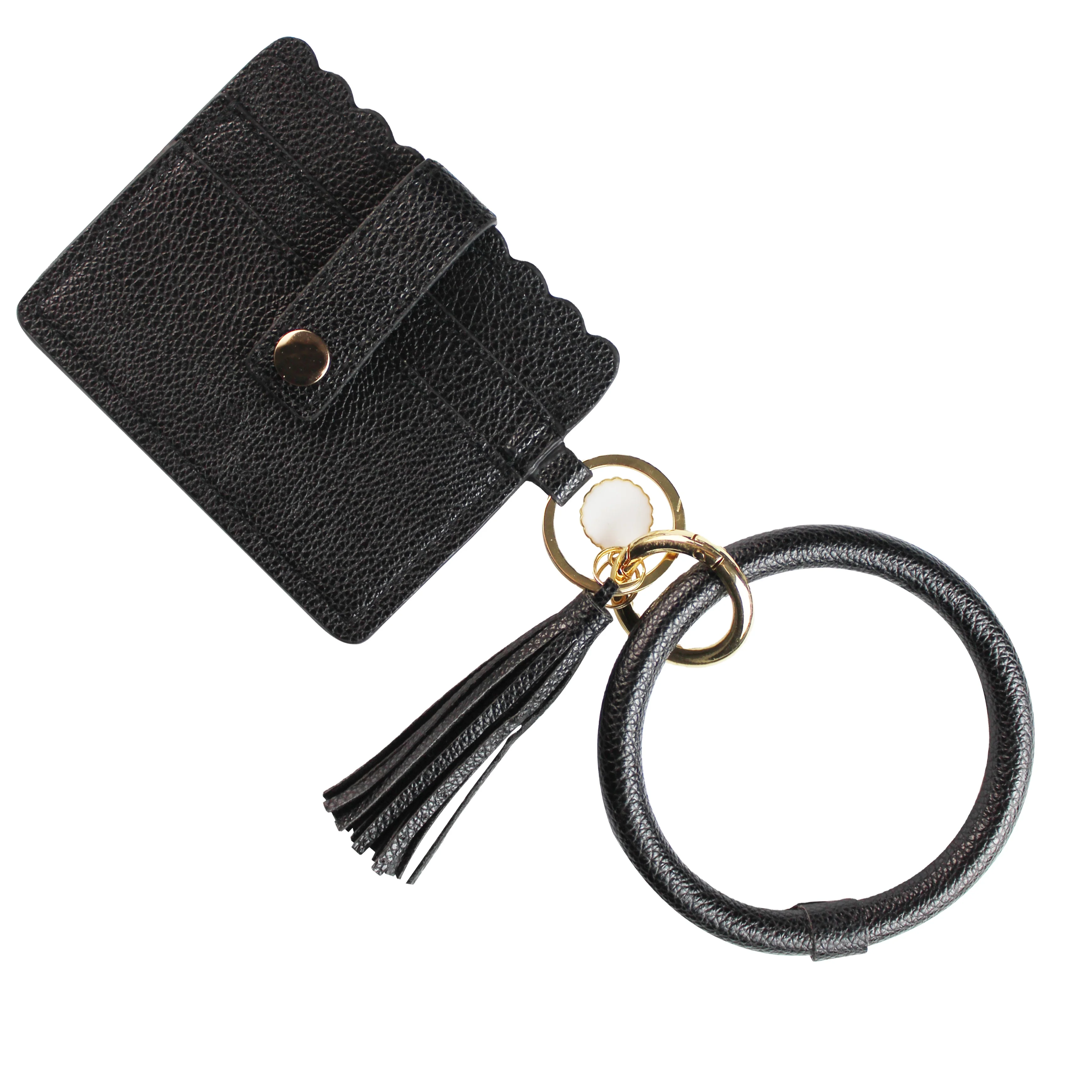 

Leather Tassel Bracelet Key Ring Card Holder Custom Leopard Snakeskin Plaid PU Keychain Wallet Wristlet Keyring for Women, As picture