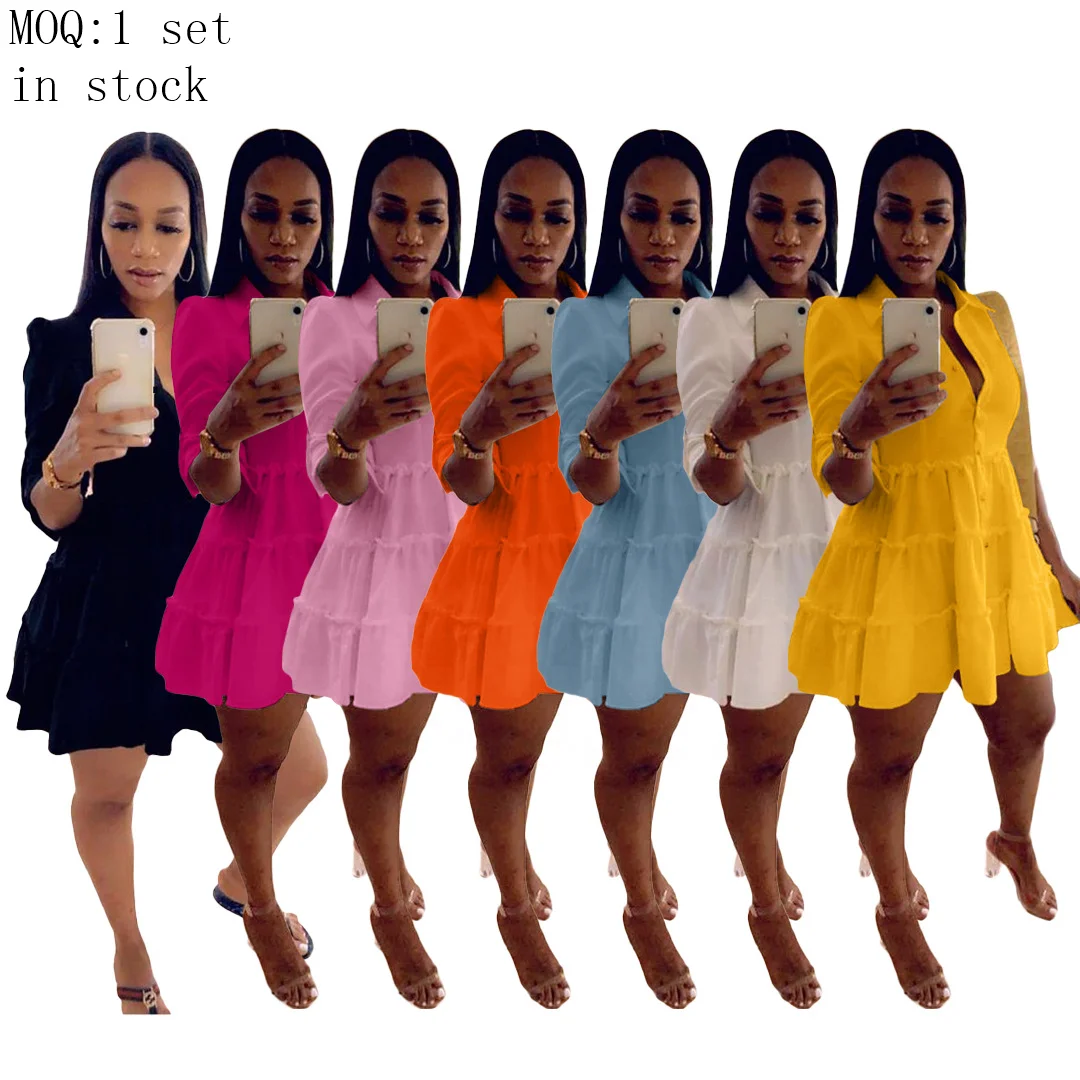 

2021 fall autum Turndown Collar Fashion Solid Color Half Sleeve Short Dress Lady Cute Dresses for Women, Requirement