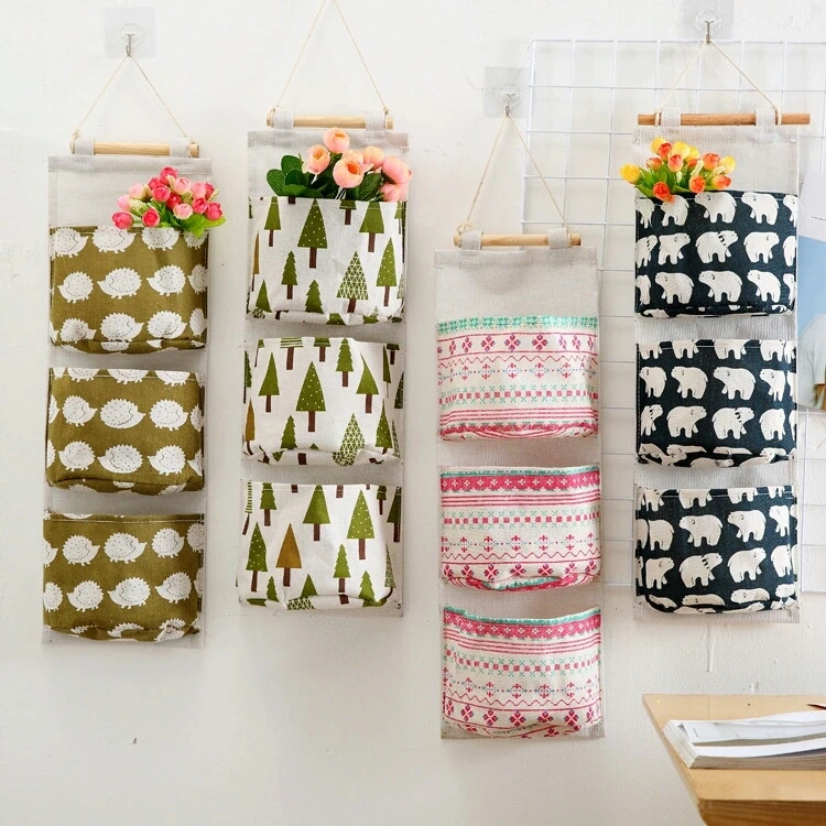 

New Cotton Canvas 3 Pockets Hanging Storage Bag Behind Doors On Walls Cabinet Grocery Hanging Organizers, White, green, blue, pink