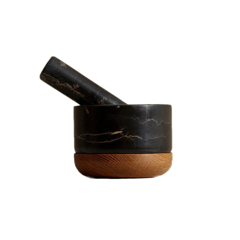 

Wood Base stone mortar and pestle herb and spice tools vegetable grinder stone mortar solid wood base Marble Bowl